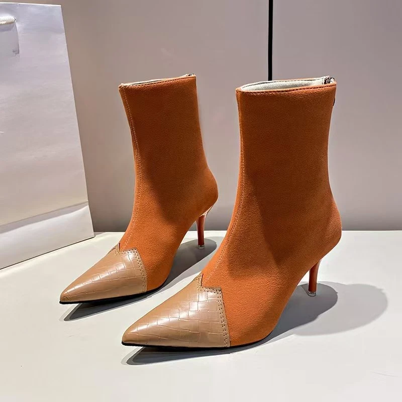 

Women 2025 Fall New Pointed Toe High Heels Stiletto Heel Suede Paneled Versatile Skinny Boots Booties