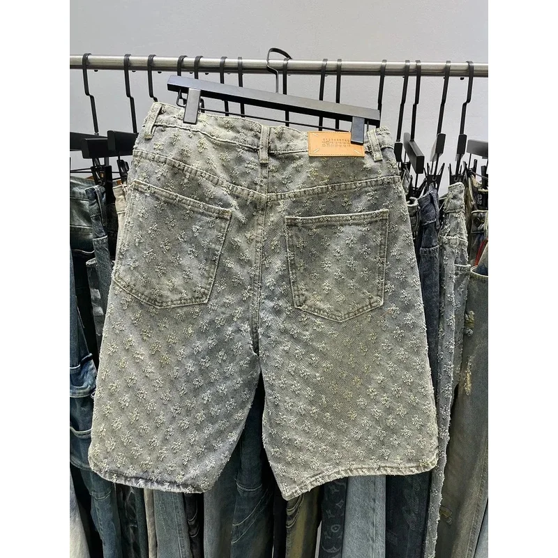 Fashion Casual Summer Light Blue Distressed Men Denim Shorts Smart Straight Leg Loosen Male High Street Niche Design Tide Shorts