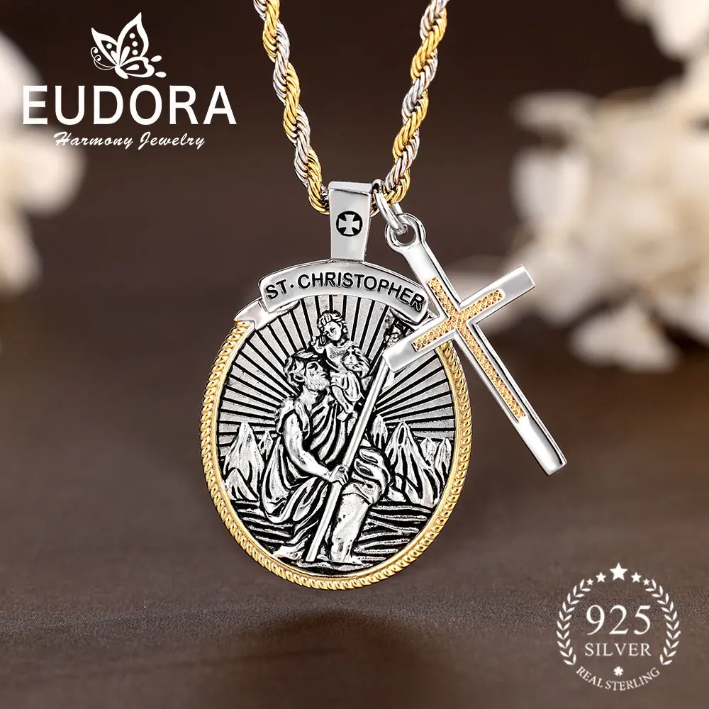 Eudora Saint Christopher Necklace 925 Sterling Silver Catholic Cross Pendant Religious Jewelry Festival Gift for Men Woman