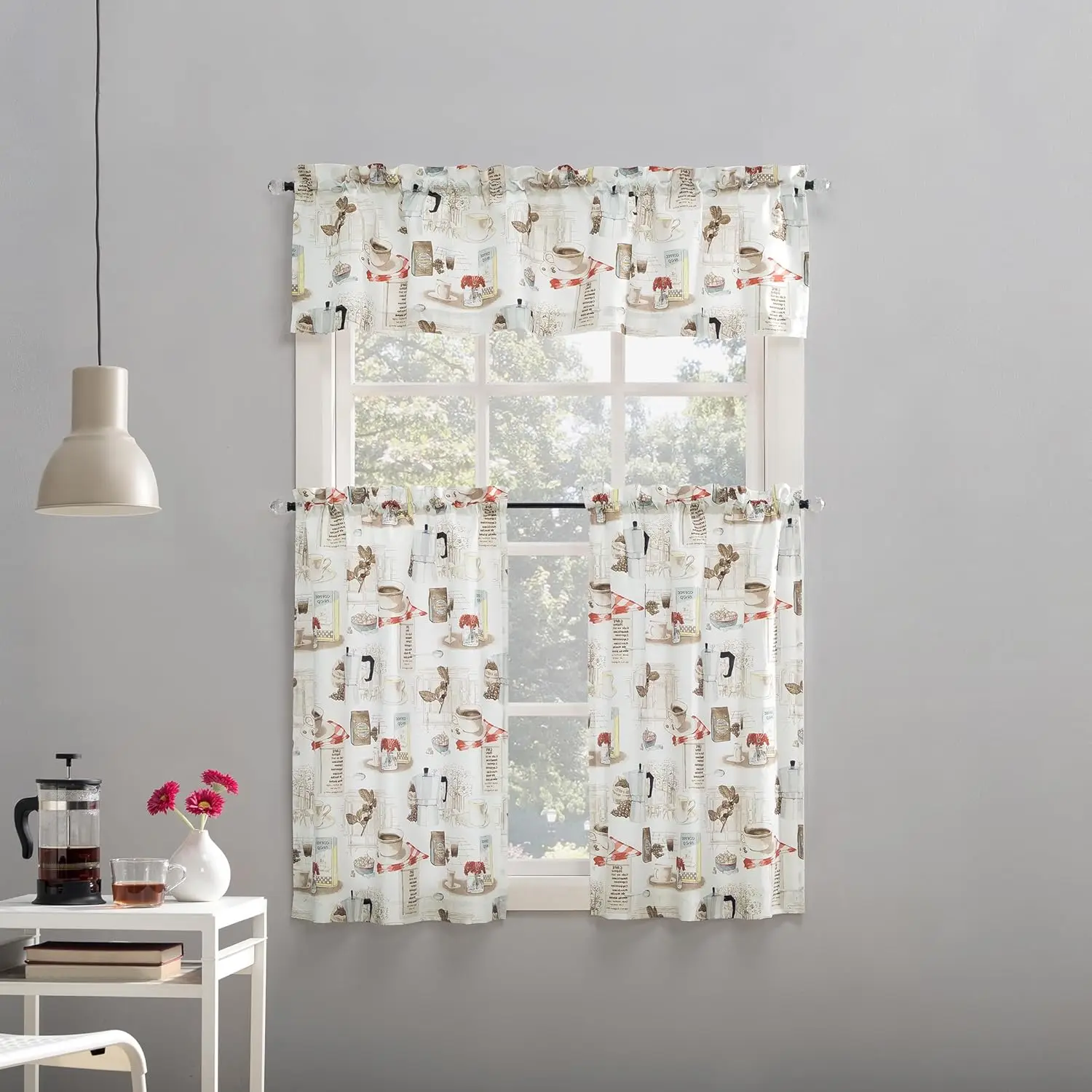 

Brew Coffee Shop Semi-Sheer Rod Pocket Kitchen Curtain Valance and Tiers Set, 54" x 36", White