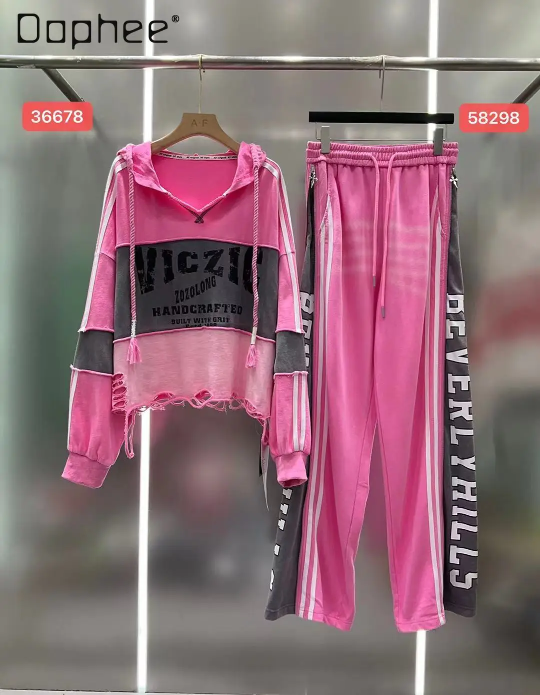 

Casual Suit for Women 2026 Spring New Letter-printed Color-blocked Straight-leg Pants Ripped Drawstring Long-sleeve Top
