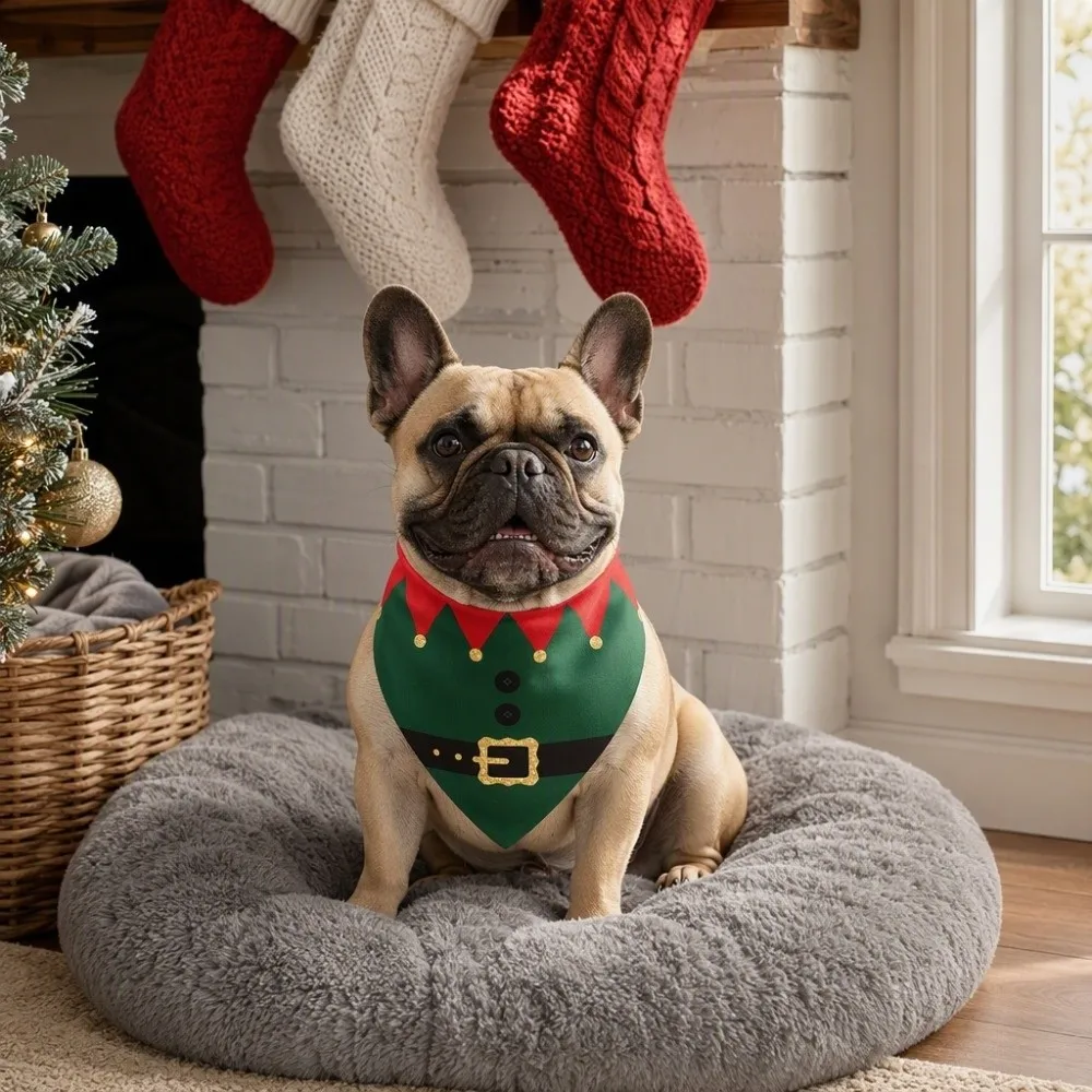 Adjustable Christmas Dog Bandanas Red Green Tie-on Santa Elf Triangle Bib Scarf Polyester Kawaii Pet Neck Scarf