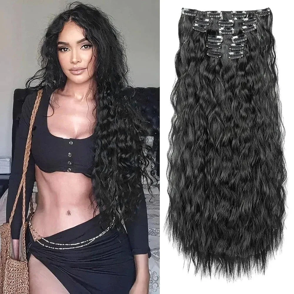 Wig clip hair extensions Long straight hair traceless chemical fiber synthetic wig 16 card clip hair six-piece set