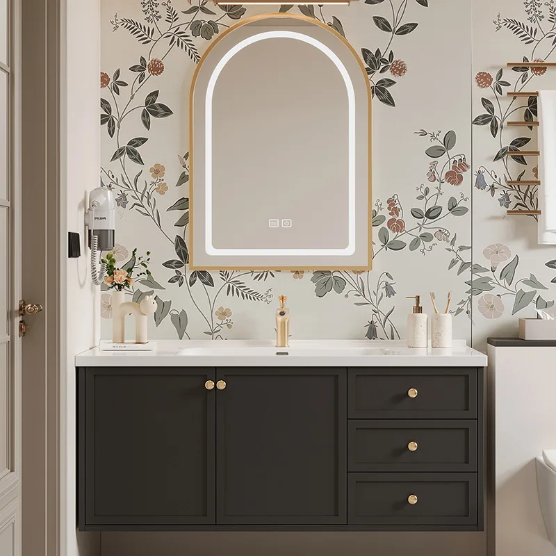 Mirrored Cabinet,French Retro American Style Solid Wood Bathroom Cabinet Modern Vanity Integrated LED Mirror Lacquer-Treated Doo