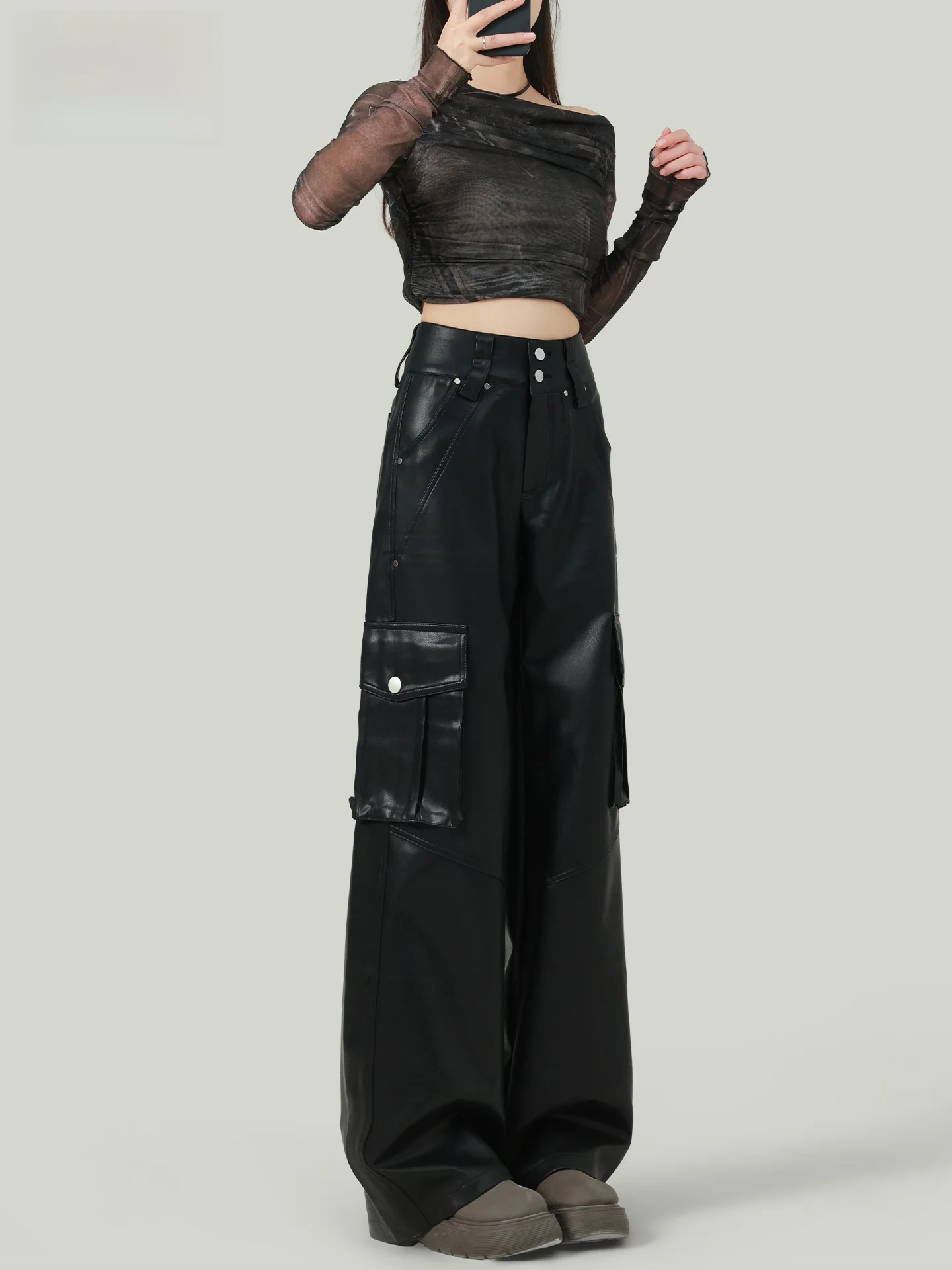American High Waist Black Wide Leg Leather Pants Women Summer 2026 New Street Function Motorcycle Straight Tube Workwear Trendy