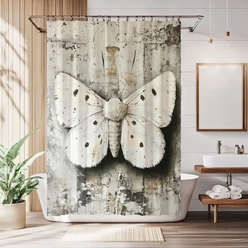 

Винтажная занавеска для душа с рисунком белого мотылька, готический декор для ванной комнаты в стиле бохо, мистическое искусство насекомых, занавеска с иллюстрацией мотылька