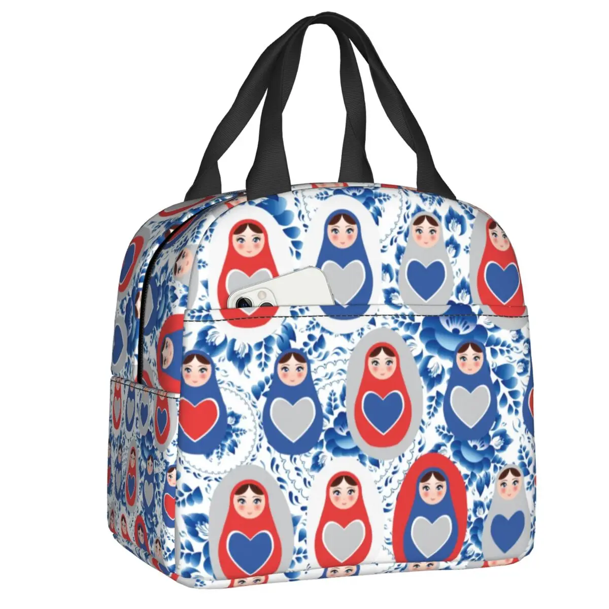 

Custom Russian Matryoshka With Hearts Insulated Lunch Bags for Women Portable Cooler Thermal Food Lunch Box Work School Travel
