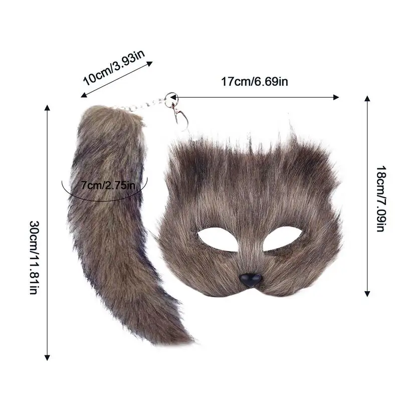 Animal Mask and Tail Set Halloween Cosplays Costume Accessorie Cats Mask Tail Half Face Faux Furs Foxes Tail Cats Mask