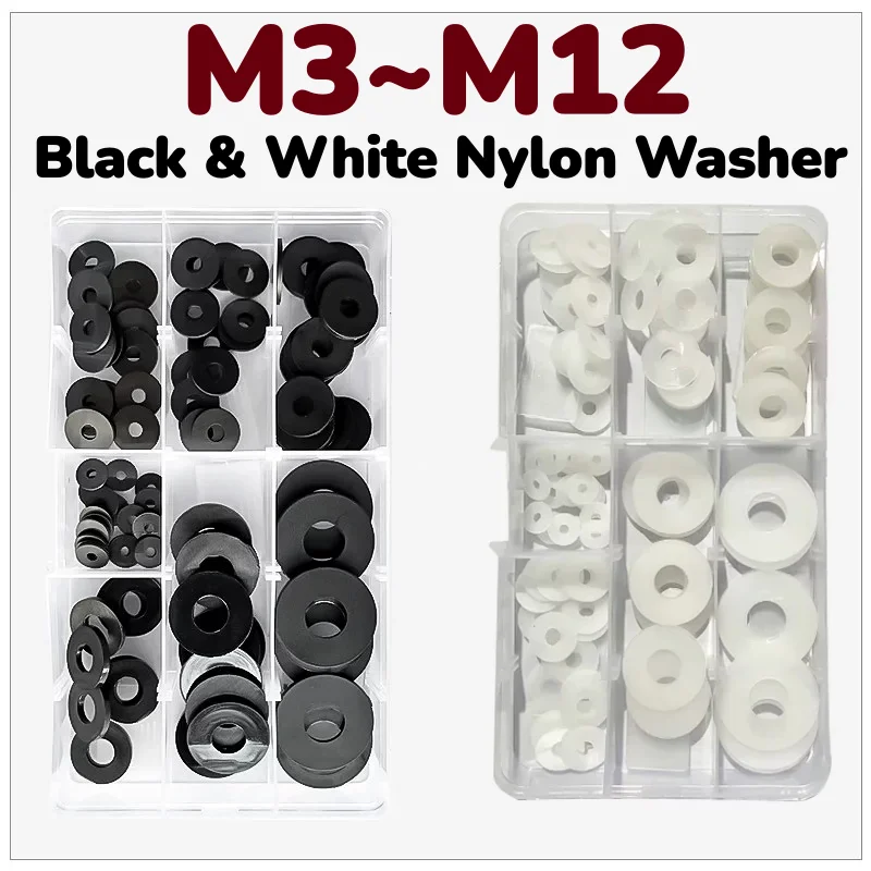 110Pcs Boxed M3 M4 M5 M6 M8 M10 M12 Black & White Plastic Nylon Flat Washer Spacer Insulation Gasket Ring Assortment Kit Set