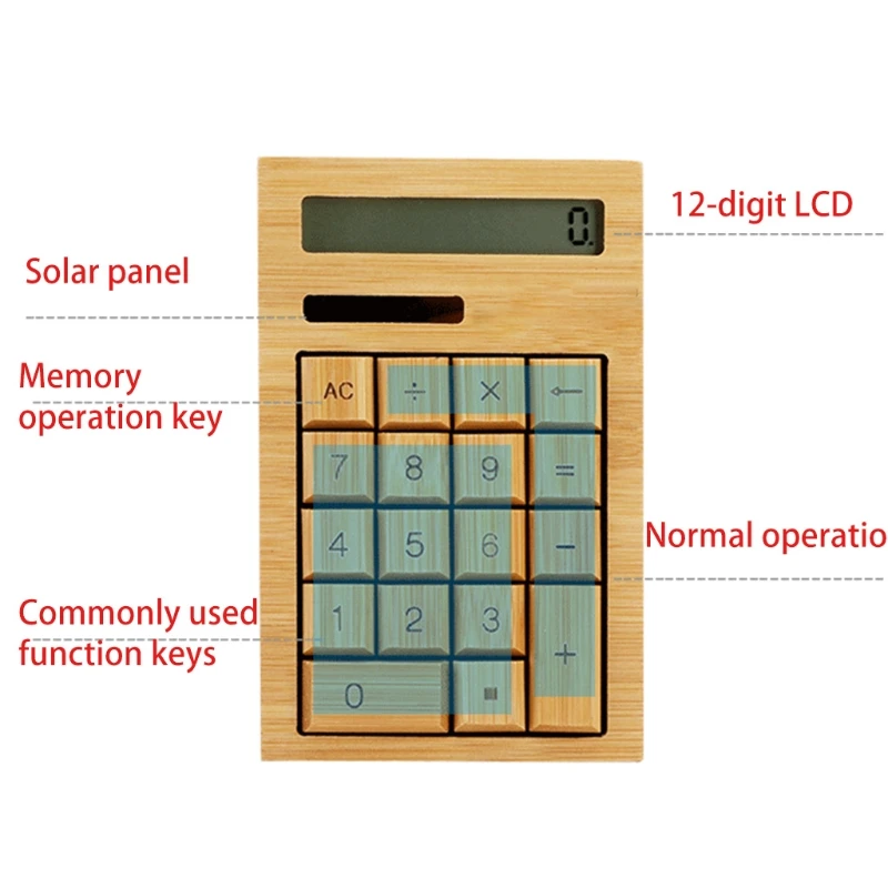 Calcolatrice da ufficio in bambù Display LCD a 12 cifre Regalo speciale per la scuola Calcolo di Natale Strumento commerciale Batteria solare Powe Bambù