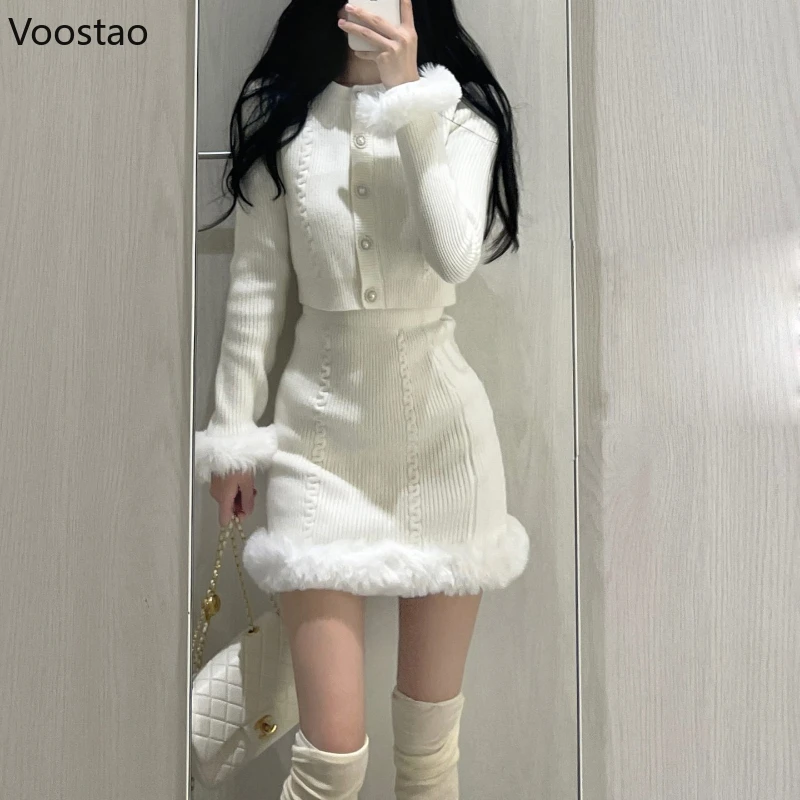 White Sweet Knitted Mini Skirt Set Women Korean Fashion Plush Sweater 2 Piece Sets Female Vintage Elegant Slim Skirt Suit Autumn