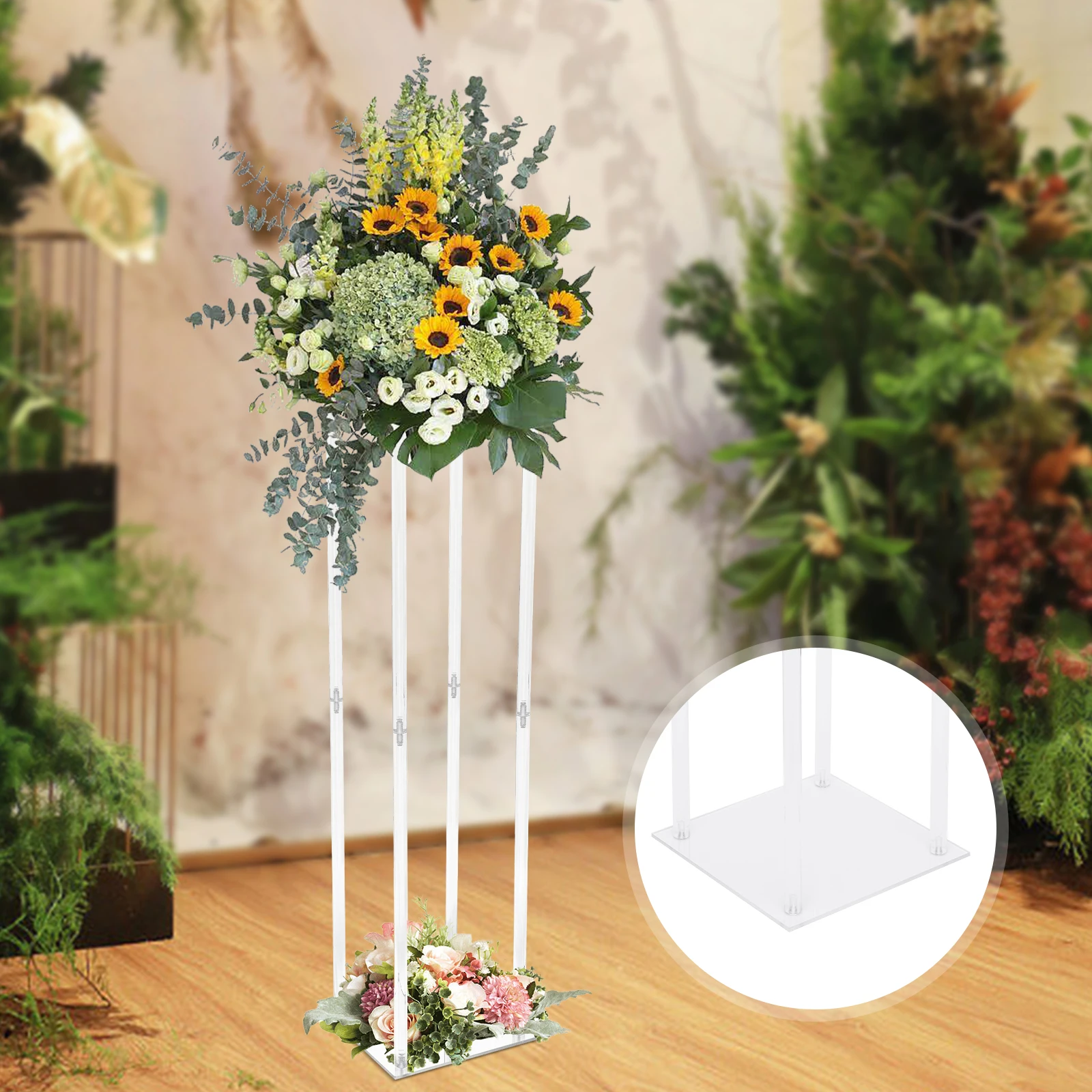 Clear Acrylic Wedding Flower Stand (9.84×9.84×39.37in), 33lbs Load & 2-Section Adjustable Height, Easy Install—Ideal for Parties
