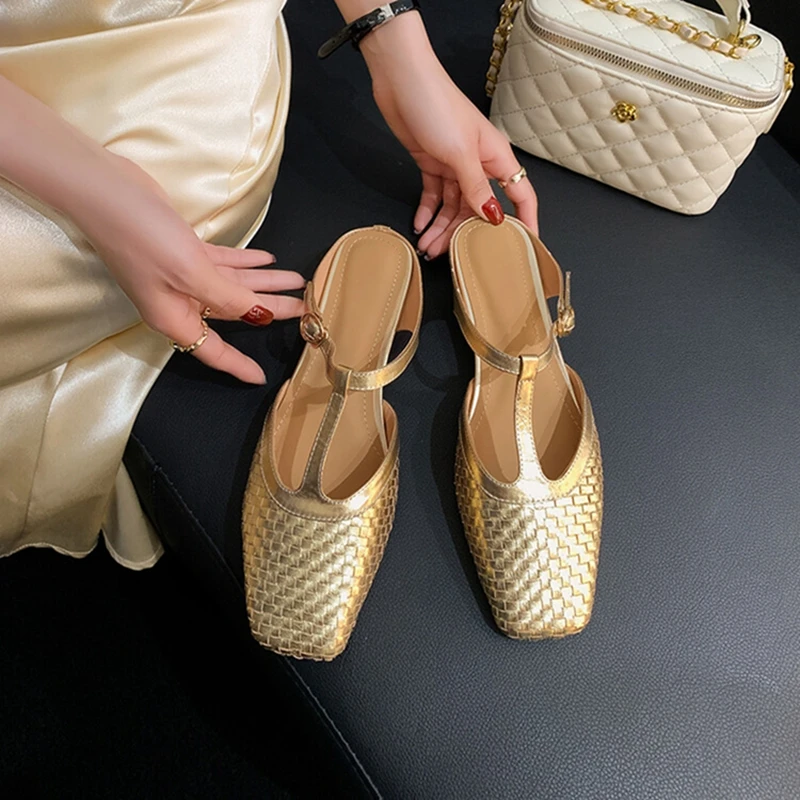 

NEW Summer Women Mules Split Leather Shoes for Women Square Toe Chunky Heel Shoes Weave Women Sandals Low Heel Modern Slippers