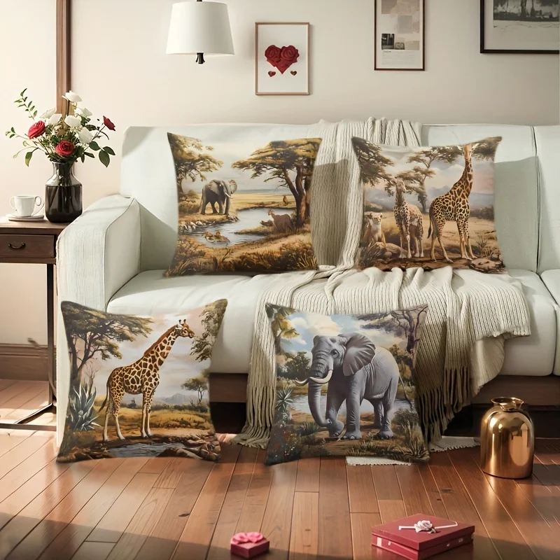 4PCS Safari Animal Print Pillowcase Set 40x40cm Jungle Wildlife Throw Cushion Cover Giraffe Elephant Lion Tropical Zoo Art Decor