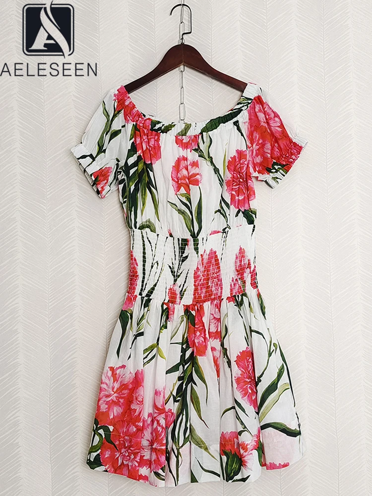 

AELESEEN Designer Fashion Women Sicilian 100% Cotton Dress Summer Slash Neck Peopy Flower Print Bohemian Midi Poplin Vacation