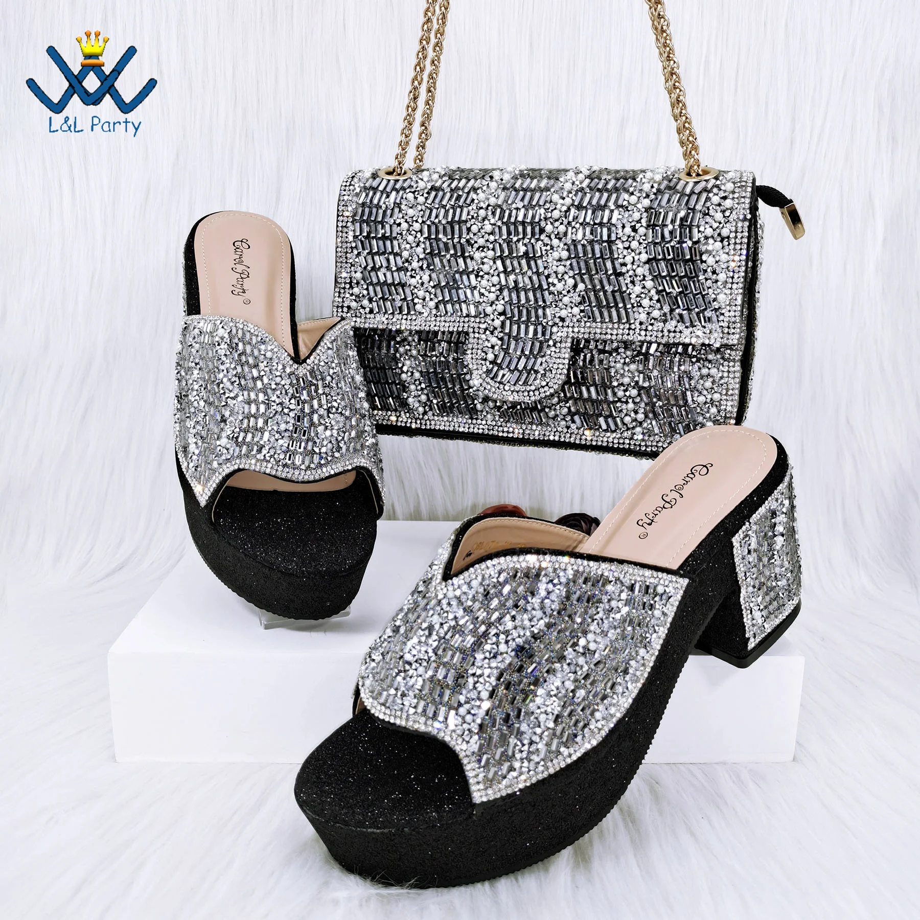 

Newest Mature Style Italian Women Shoes and Bag Set in Silver Color with Shinning Crystal Nigerian Girls Shoes for Dress