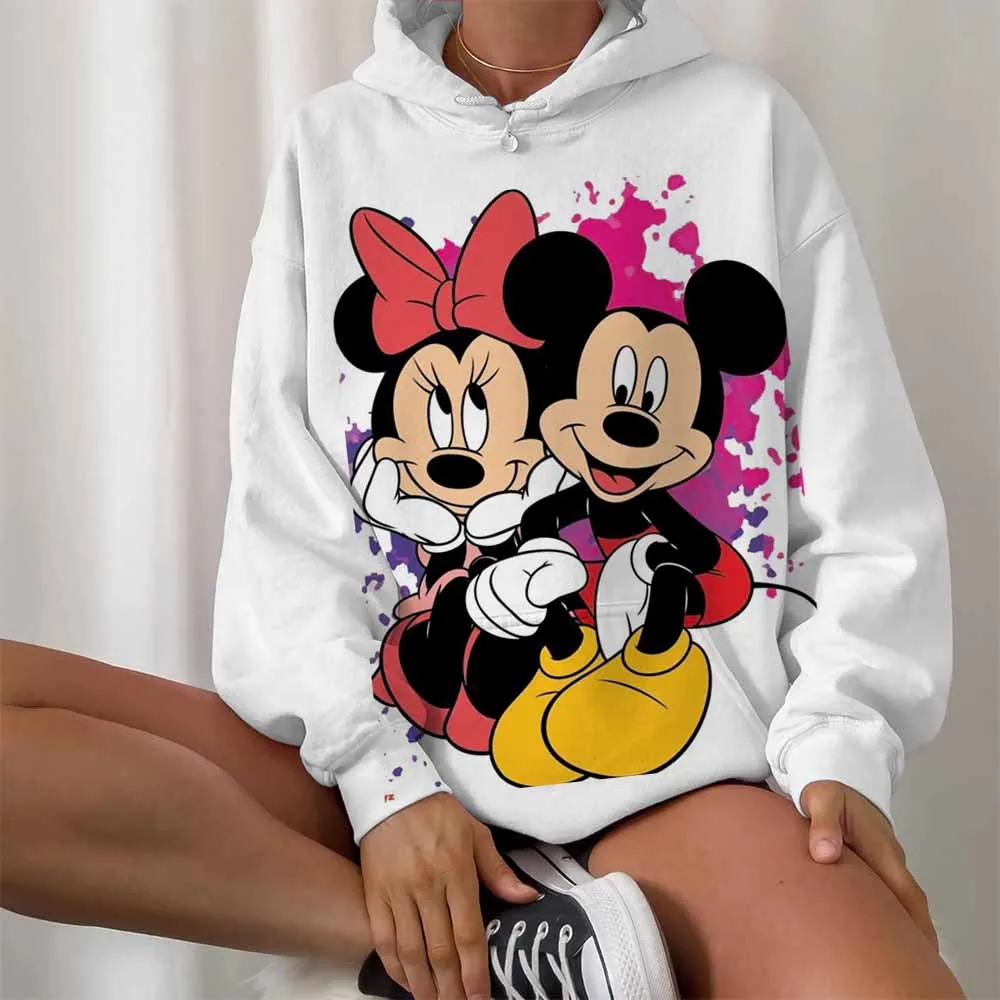 Disney-Moletom feminino com capuz Minnie Mickey Mouse estampado manga comprida, capuz feminino, tops Harajuku casuais, roupas de