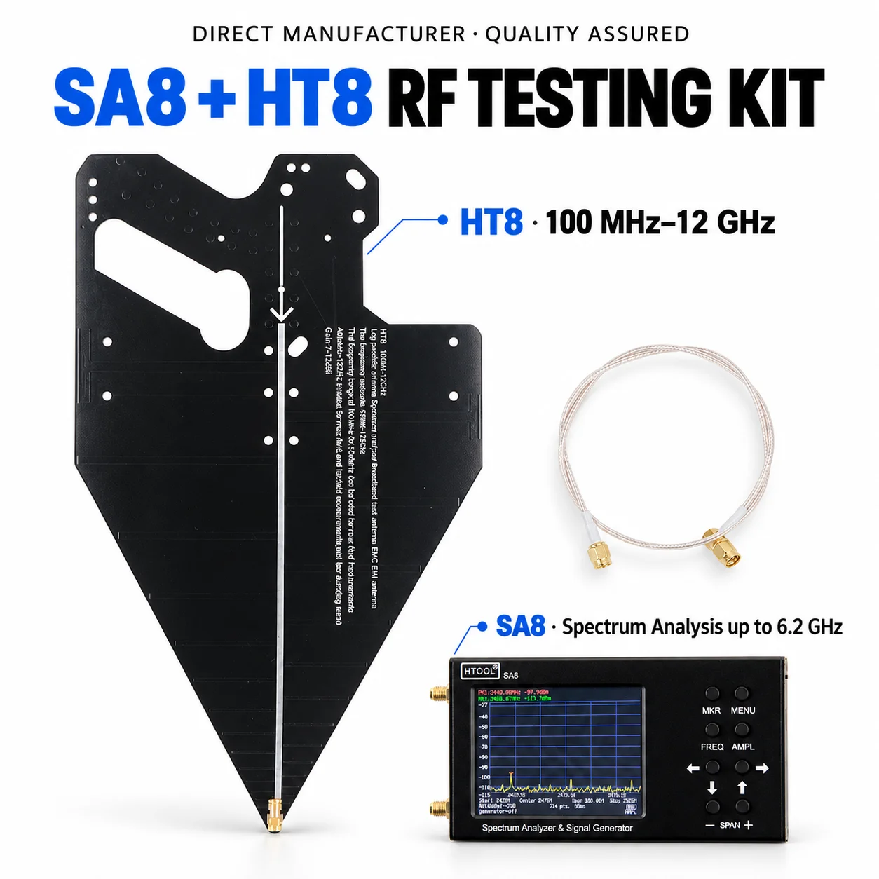 Portable Spectrum Analyzer 35MHz-6.2GHz with HT8 100MHz-12GHz Log Periodic Directional Antenna RF Signal Test Kit HTOOL SA8