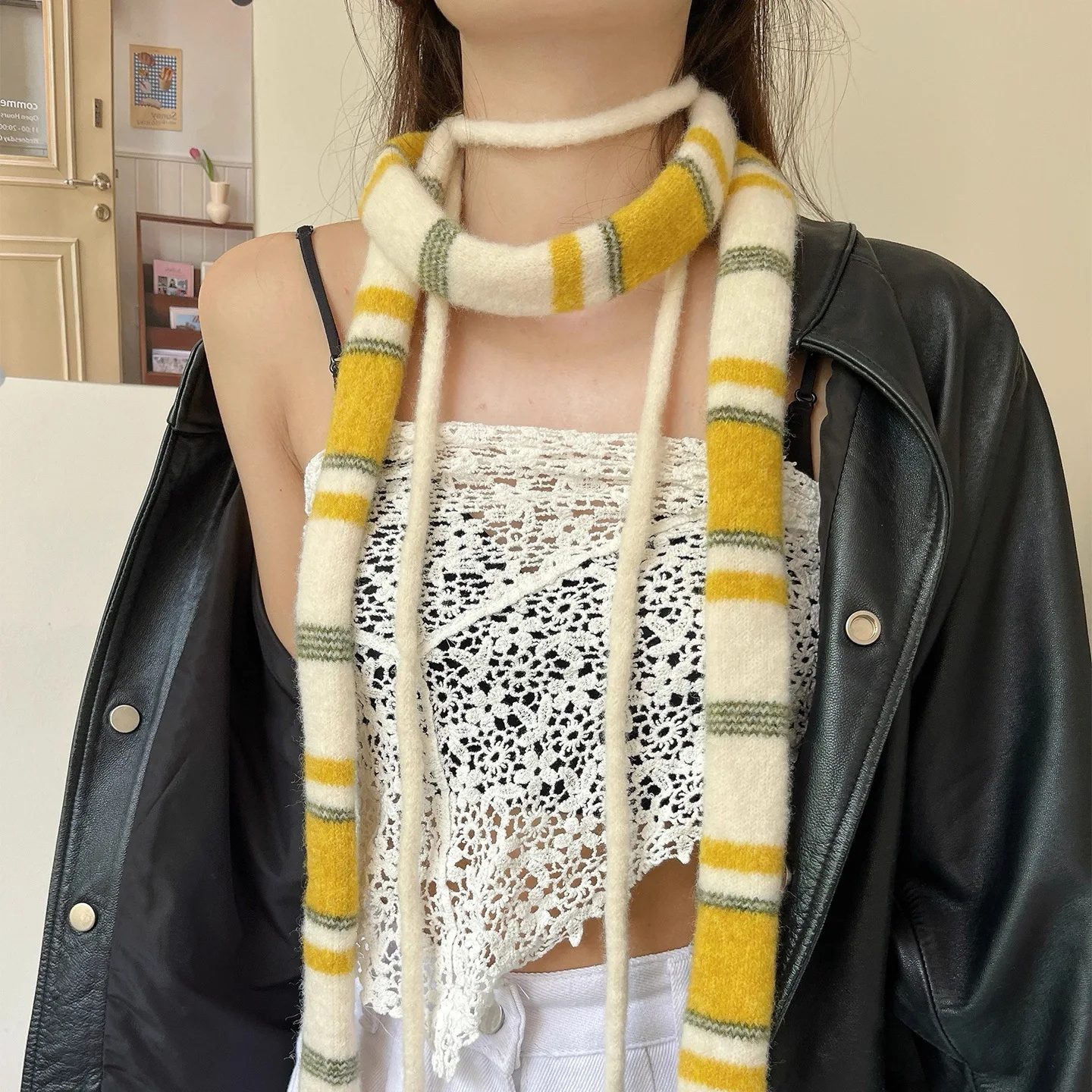 

Retro Stripe Knitted Scarf Long Thin Fashionable Decorative Layered Wear Japanese Style Checkered Warm Accessory for Women