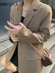 Elegant Khaki Blazer for Women 2024 New External Clothes Autumn Korean Fashion Small Blazers Women's Casual Long Sleeve Top Coat