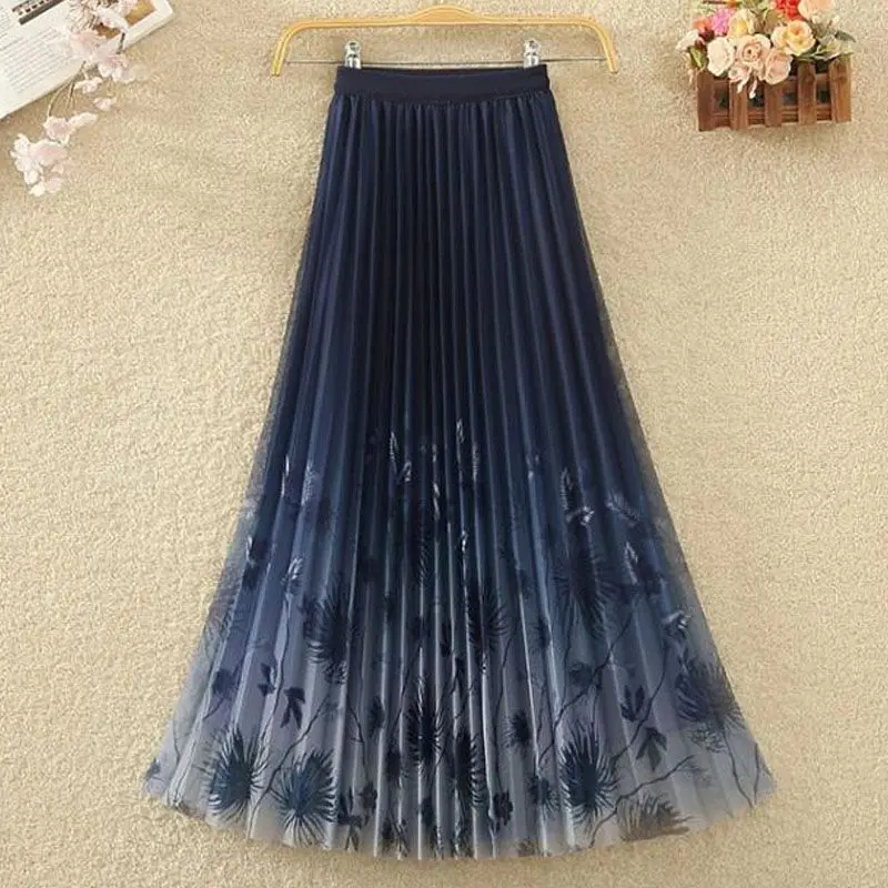 

Women's Korean Young Style Clothing Spring Summer High Waist Printing Gradient Plant&Flowers Ball Gown Gauze Pleated Knee Skirts