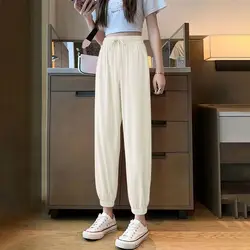 2024 Summer New Korean Loose Casual Ankle-Length Pants Women's Solid Color Minimalist High Waist Drawstring Straight Harun Pants