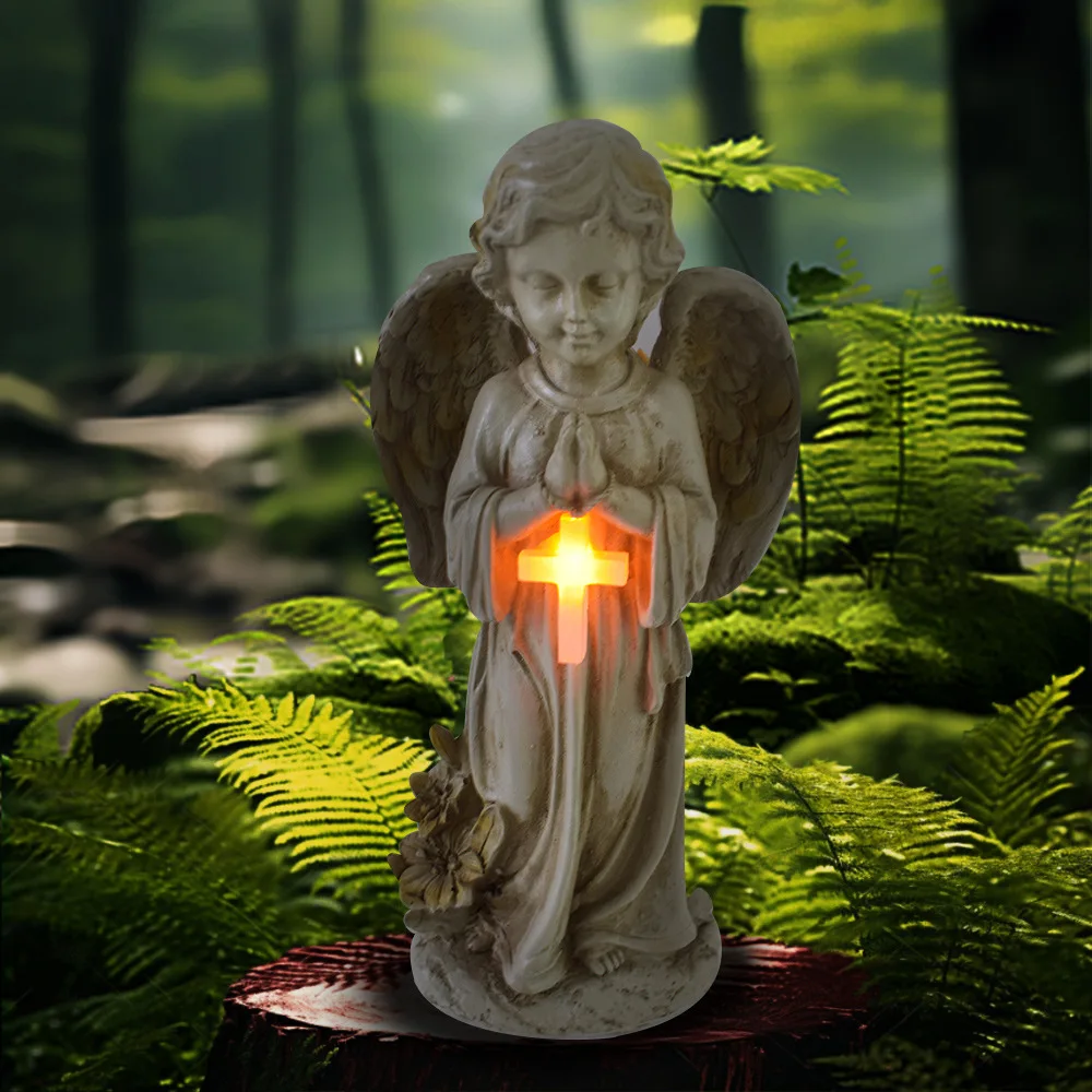 Solar Garden Decor Outdoor Statue, Solar Angel Statues Outside Garden, Solar Resin Prayer Angel with Flower Ornament Light, for Yard Patio Porch Balcony Home Decor view 6