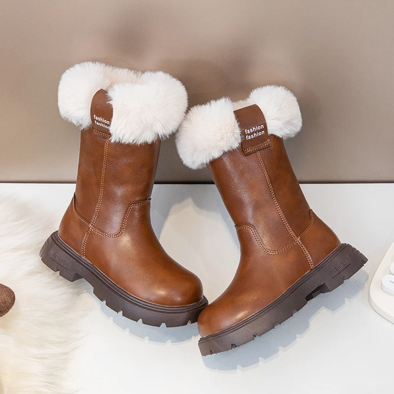 Little Girls Soft Flurry Collar Leather Boots 2026 New Winter Kids Warm-lined Mid-calf Boots Non-slip Princess Party Wedding