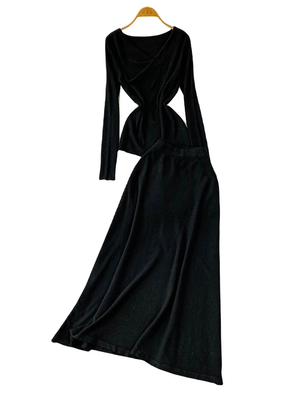 Ele V-Ne Long Sve T-Shirt, hoher Taillenrock, zweiteiliges Set, schlichtes Farboberteil für Herbst und Winter