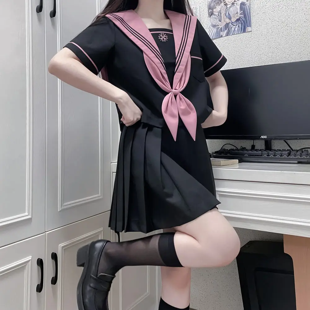 Japanese JK Uniform School Uniform Girl S-XL Black Pink JK Japanese College Style Suit Sailor Costume Women Sexy Pleated Skirt