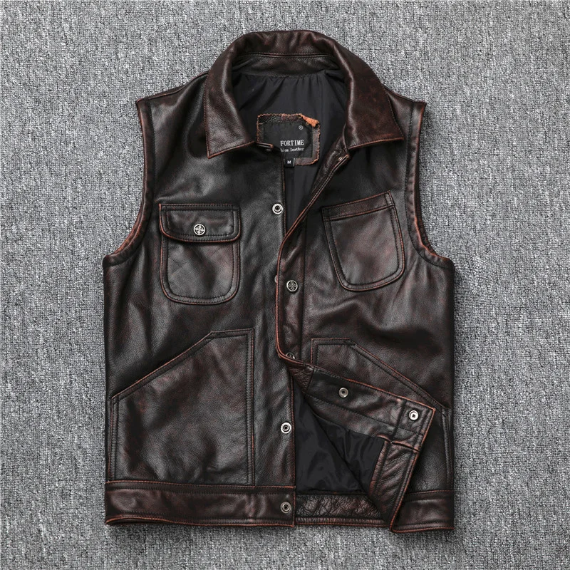 jacket,men Free shipping,Genuine leather cowhide vest.dark brown vintage motor biker vest,Oil wax leather slim vest,sales