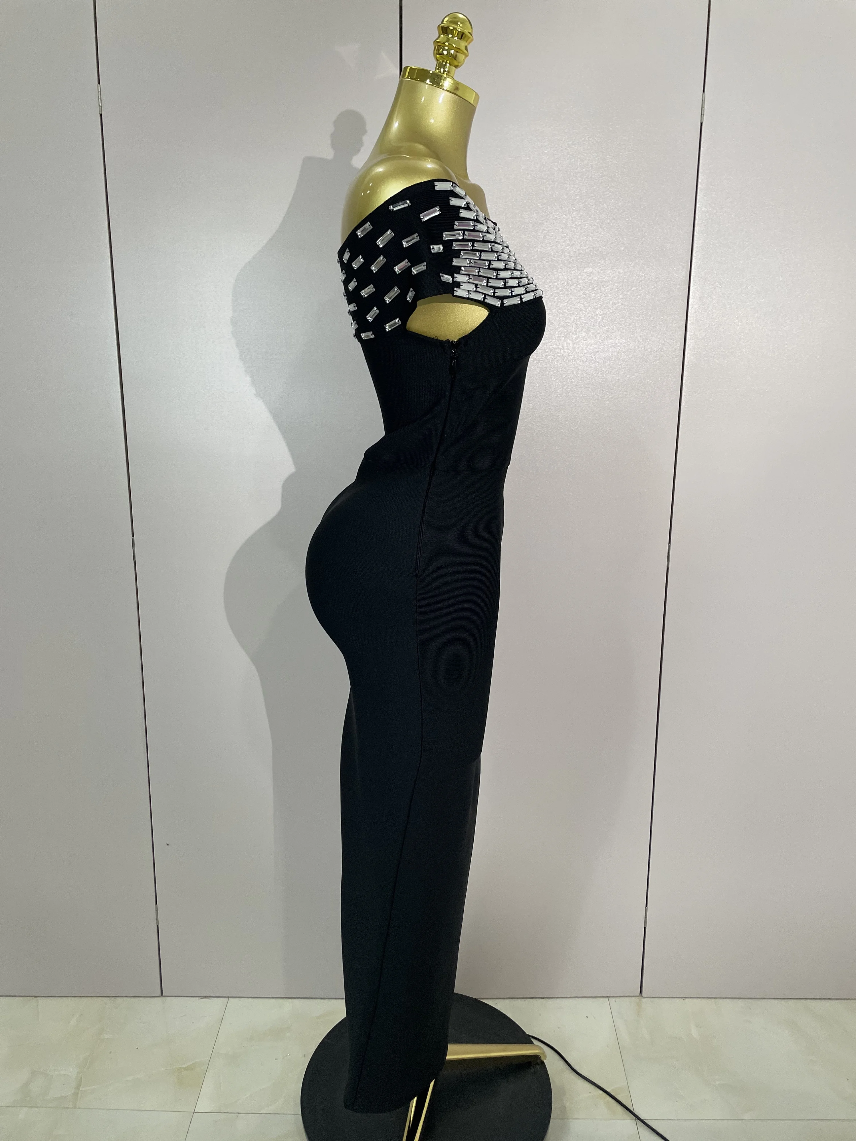 Sexy een schouder strass zwarte bandage lange jurk vrouwen elegante verjaardag vieren avond prom toga nacht cocktailjurken