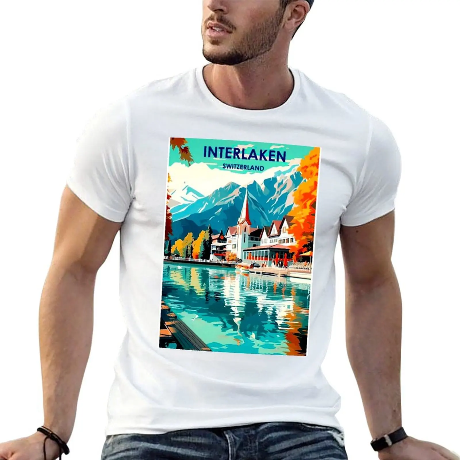 

Interlaken Switzerland : Vintage Travel and Tourism Advertising Print T-Shirt man t shirts for men casual T-Shirt