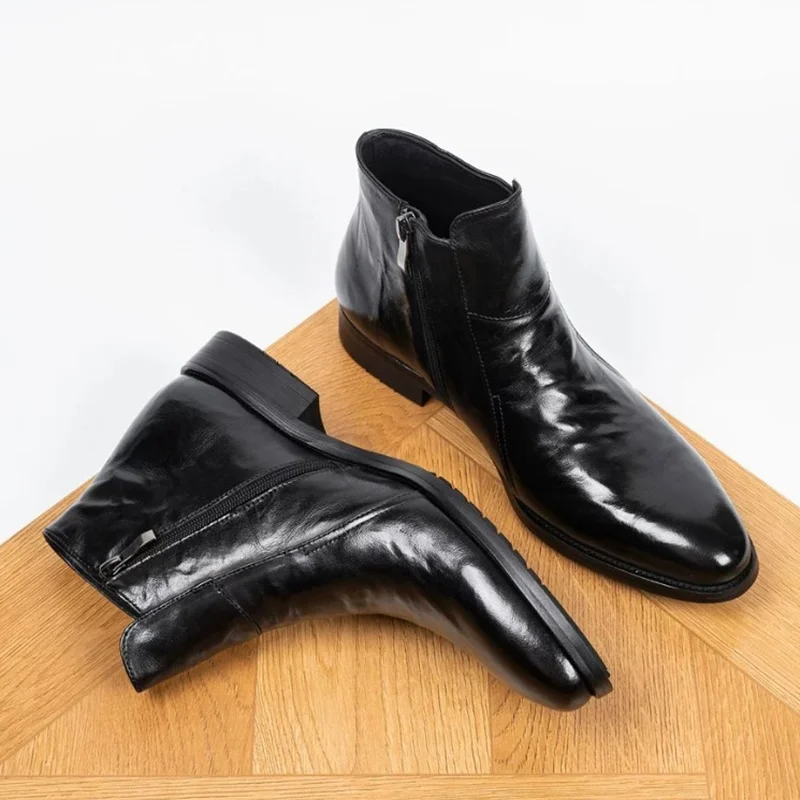 New Autumn Winter Leather Boots For Men Plush Warm Chelsea Short Boots Leather Anti-wrinkle Hand Grip Pattern Dress Man Boots