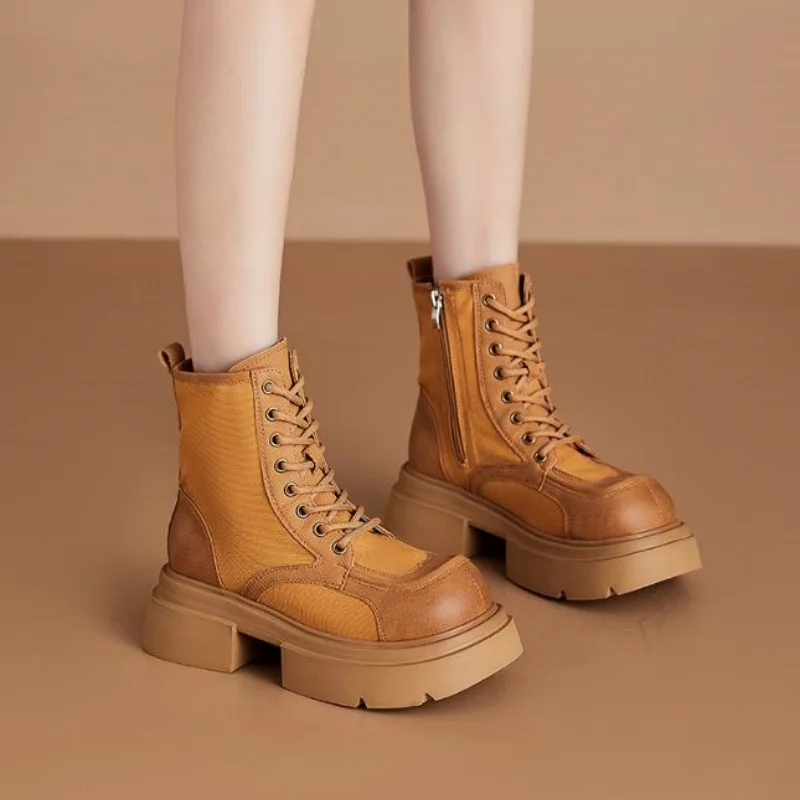 Mid Heels Women's Short Boots High Top Fashion Shoes New Autumn Winter Outdoor Leisure Comfortable Lace-Up Women Ankle Boots