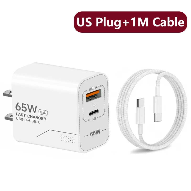 65W snellader voor iPhone 18, 17, 16 Pro Max, Samsung, Xiaomi, PD-lader, 2-poorts GaN-lader, USB-C-lader, draagbare telefoonlader.