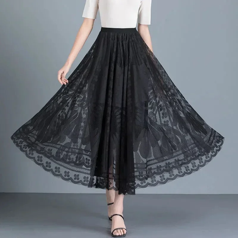 Elegant Lace Patchwork Black Skirts Spring Summer New Solid Loose Hollow Out A-line Skirt Fashion Temperament Women Clothing