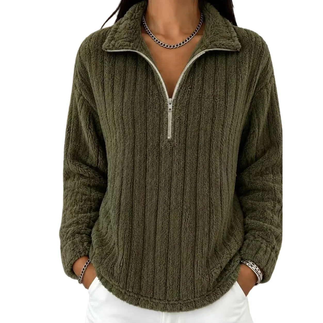 Women's Autumn Winter Turn Collar Ribbed Fleece-lined Warm Zip-up Long-sleeved Sweatshirt