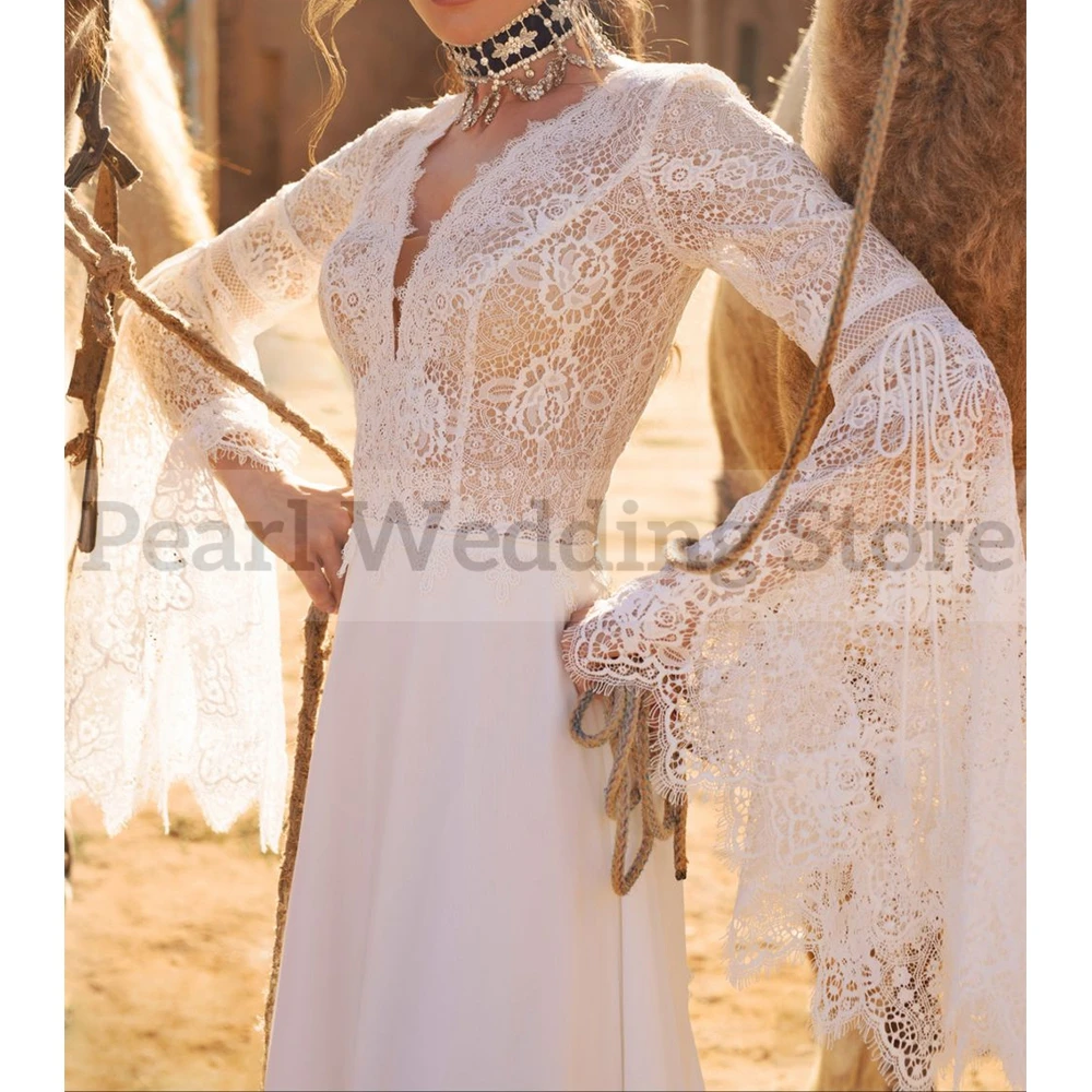 Robe de Mariée en Dentelle et Mousseline de Soie, Style Boho, Col en V, Manches sulfÉvasées, Chic, Icide, Dos avec lèvent, pour Patients, Ligne A, Longueur au Sol, Quelle que soit