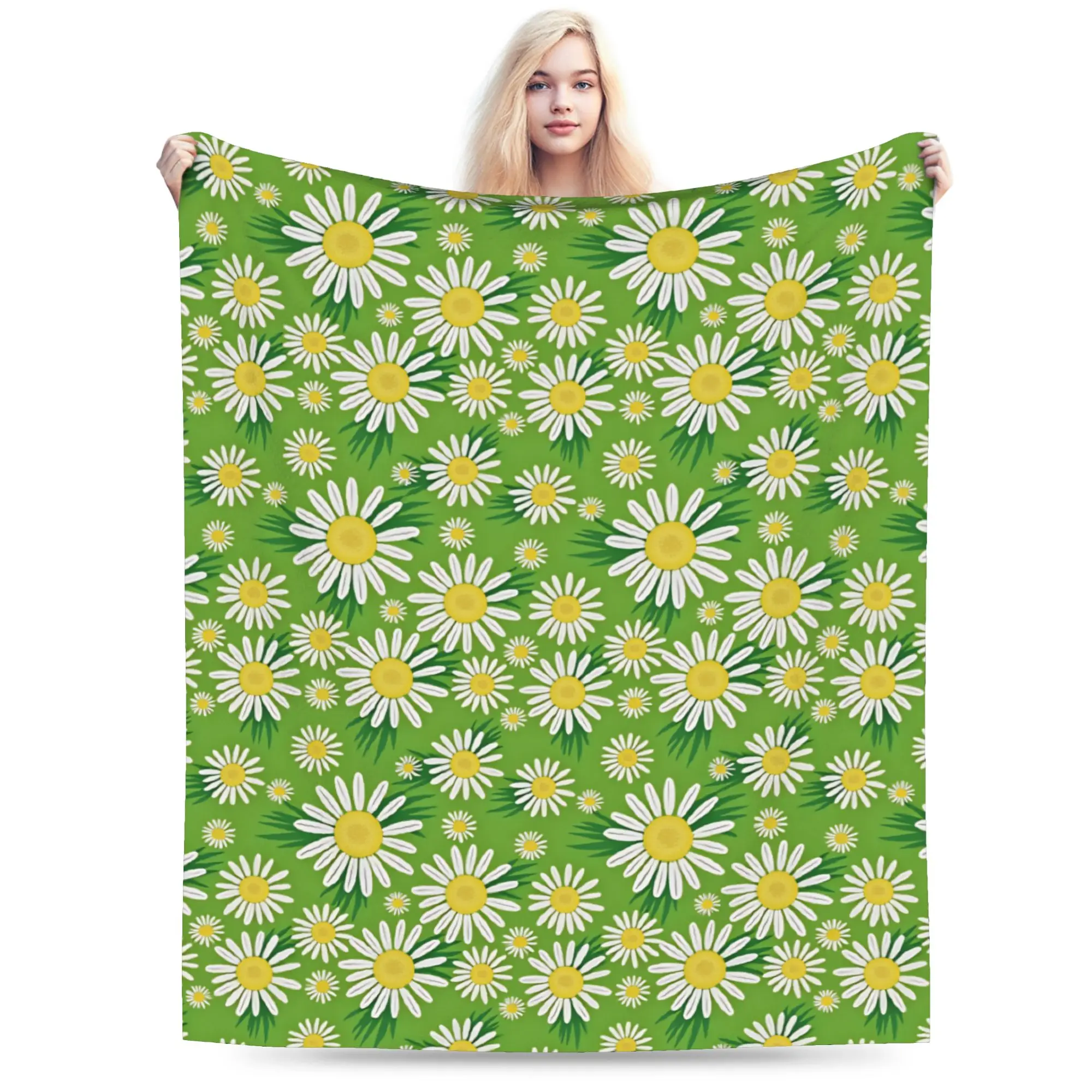 Fresh Green Daisy Floral Repeat Pattern Blanket Girls Flannel Throw Blanket For Chair Sofa Bed Super Soft Quality Bedspread Gift
