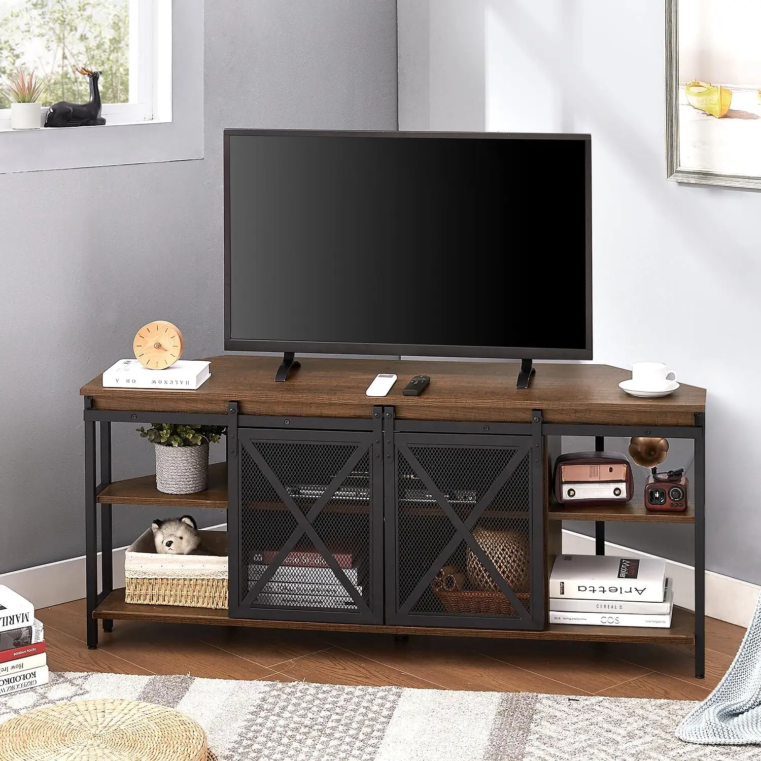 Corner TV Stand, Rustic Corner TV Stand for 55/60 Inch TV, Industrial TV Stand with Storage, Corner Entertainment Center with Sl