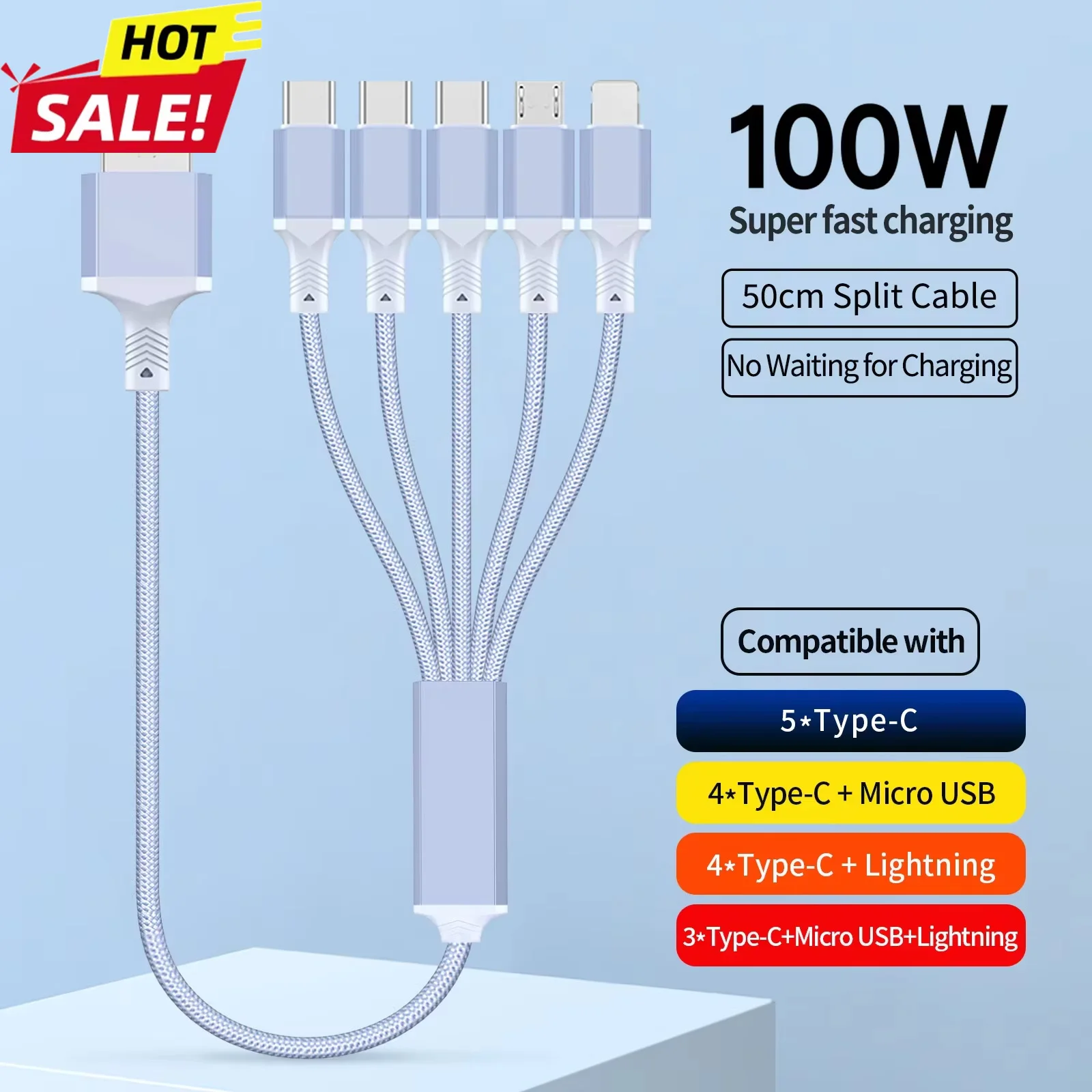 

1PCS Multi Charging Cable 5 In 1 Nylon Braided USB Fast Charging Cord Adapter Type C Micro Port Compatible with Cell Phone