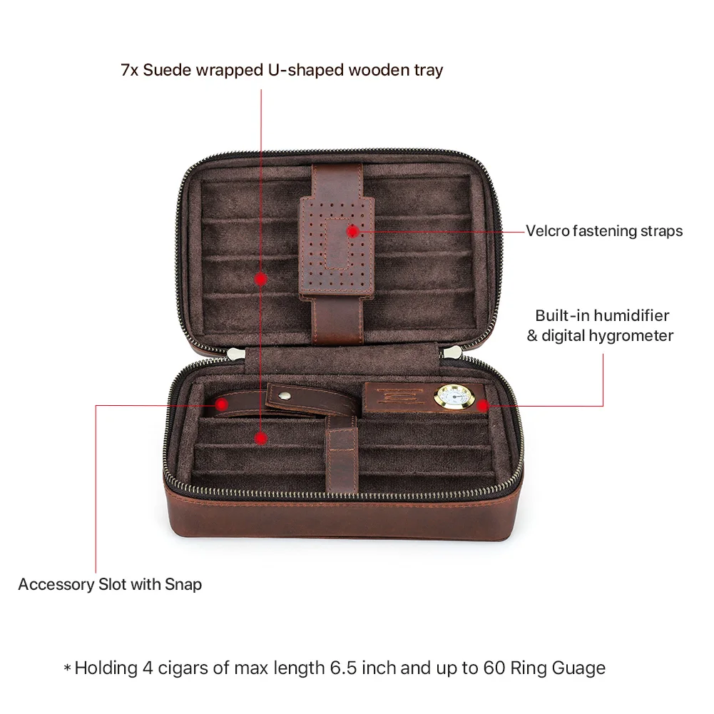 Luxury Genuine Leather 8 Slots Humidor Box Travel Portable High Capacity Cigar Accessories Case Humidifier Magnetic Hygrometer