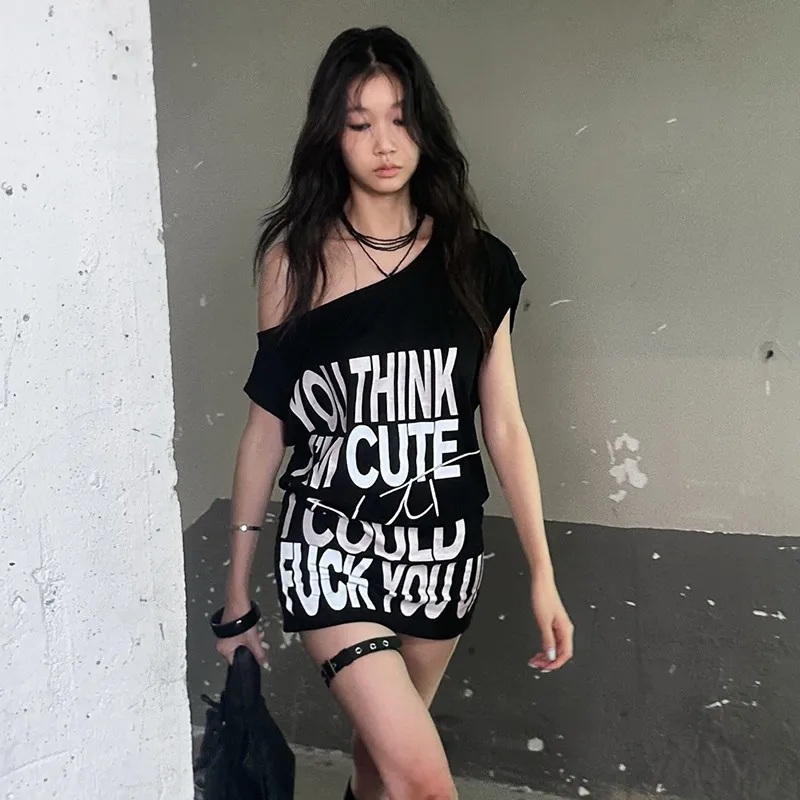 Karrcat Grunge Aesthetics Off Shoulder Long T-shirt Trashy Y2k Letter Print Oversized Tshirt Vintage Punk Irregular Top American