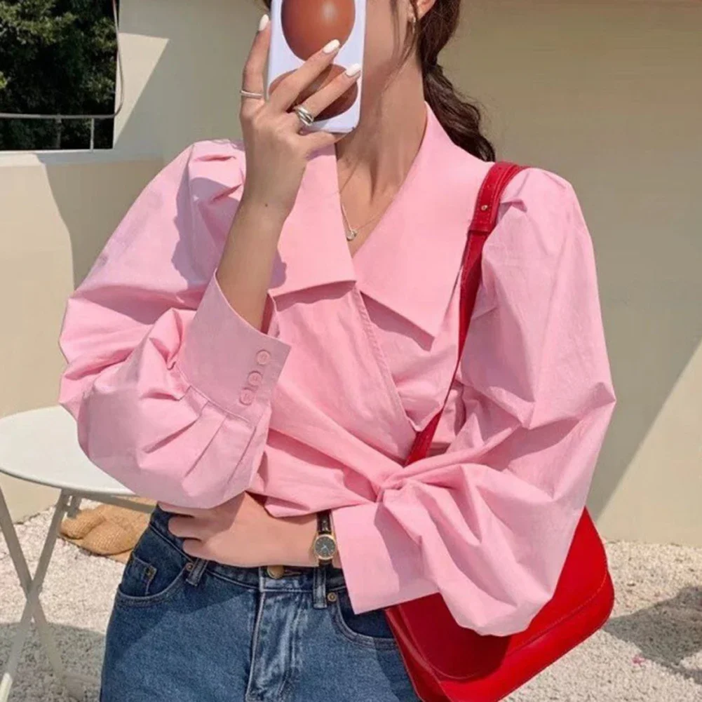 Autumn Season Waist Cross-over Shirt Casual Female Shirt Lapel Neckline Polyester Fabric Slightly Elastic Solid Color Pattern