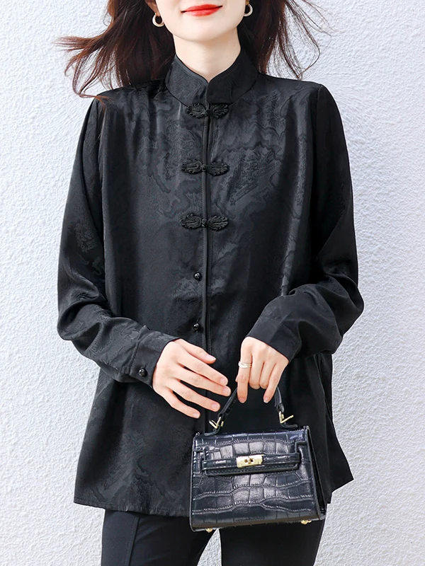 Ele Bla Long Sve Acetate Crepe besticktes irt Damen Frühling Herbst New Sle Chinese Trendy Faion Top