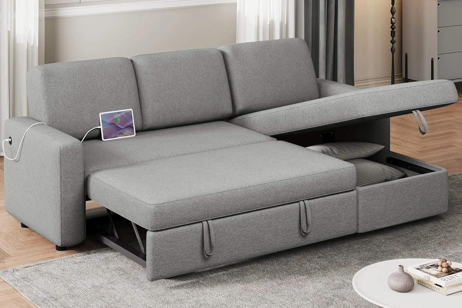 Sofá seccional Sofá cama en forma de L con silla y USB, sofá cama reversible con cama extraíble y espacio de almacenamiento, tela de 4 plazas