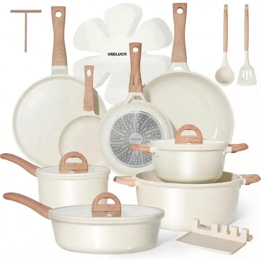 Pots And Pans Set Non Stick 22 Pcs Ceramic Cookware Sets Nonstick Kitchen Pot&Pan With Lid Cream White Granite Induction Compatible With Glass Lids Crepe Frying Pan /