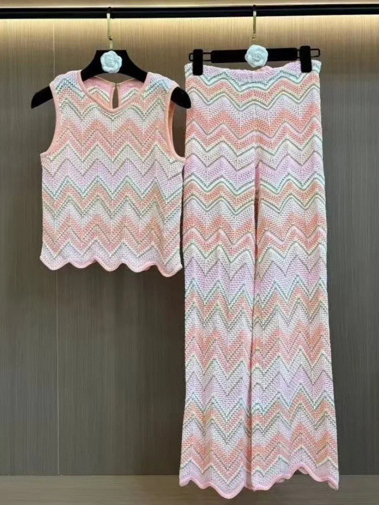 

2025 New Slim Short Vest Top Fashion Pants Sexy Sling Pants Female Women Contrast Color Geometric Stripe Sleeveless Knitted Set