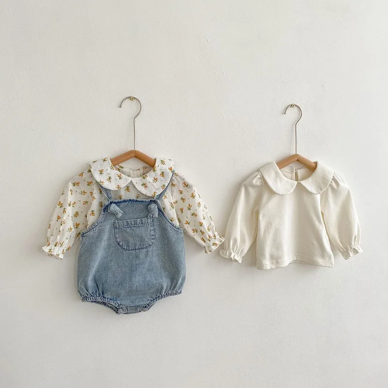 2023 Autumn Baby Girl Clothes Long Sleeve Peter Pan Collar Flower T-shirt Tops Pocket Denim Romper Bodysuit INS Outwear 0-24M